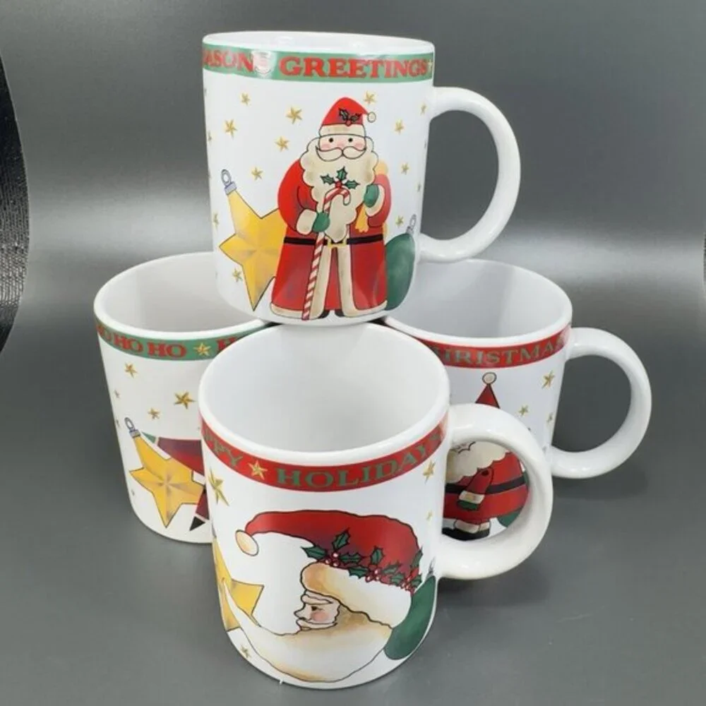 1994 Signature Housewares Santa Coffee Mug Cup Set 4 All Different Mugs Cups VTG